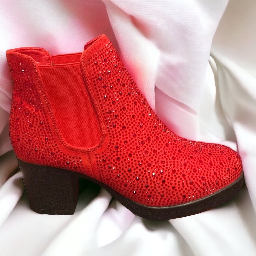 Christmas Holiday Red Rhinestone Metallic Embellished Slip On Chelsea Bootie - Picture 3 of 8